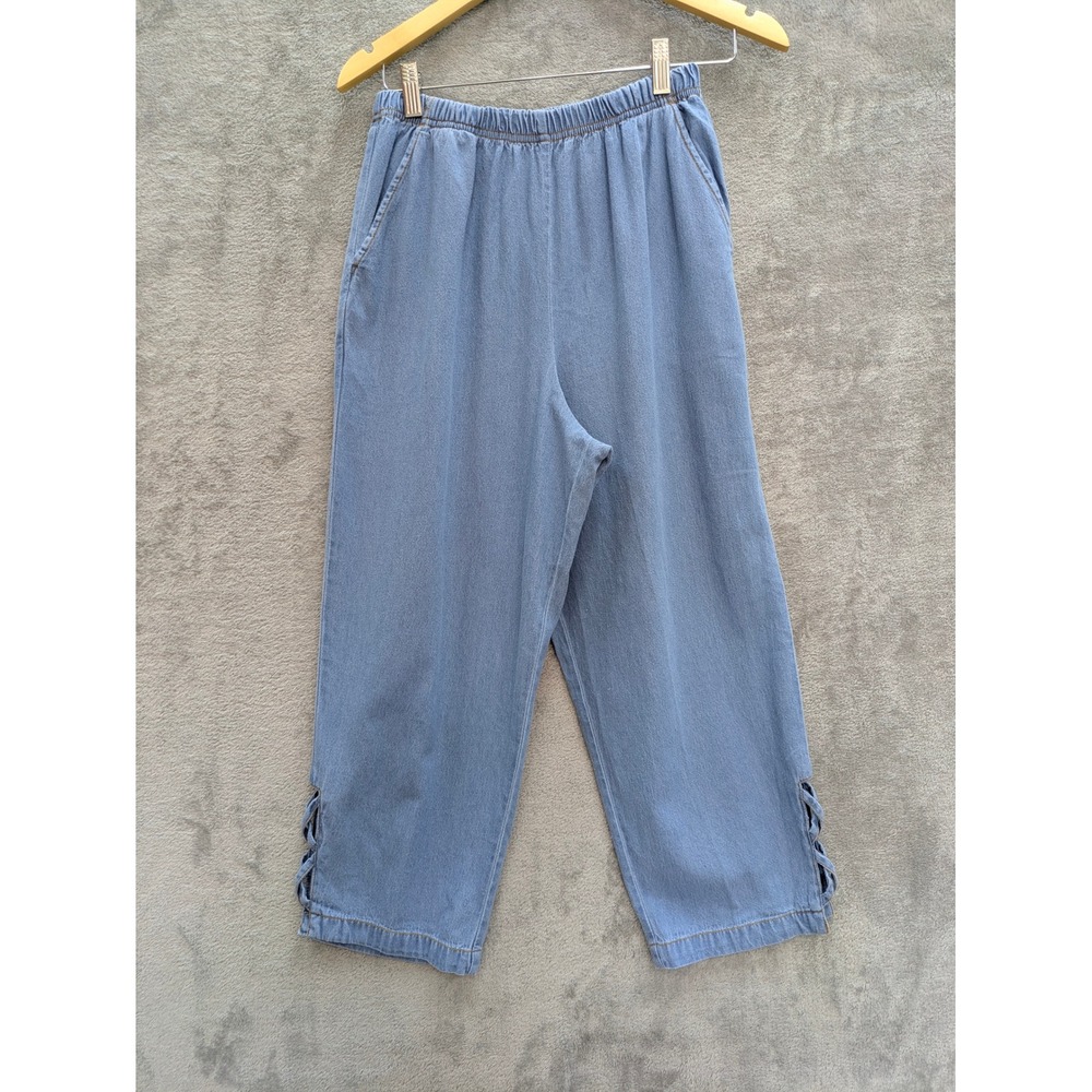 Coastal Grandma Cropped Denim Pants Womens Small Blue Lattice Hem Elastic Waist
